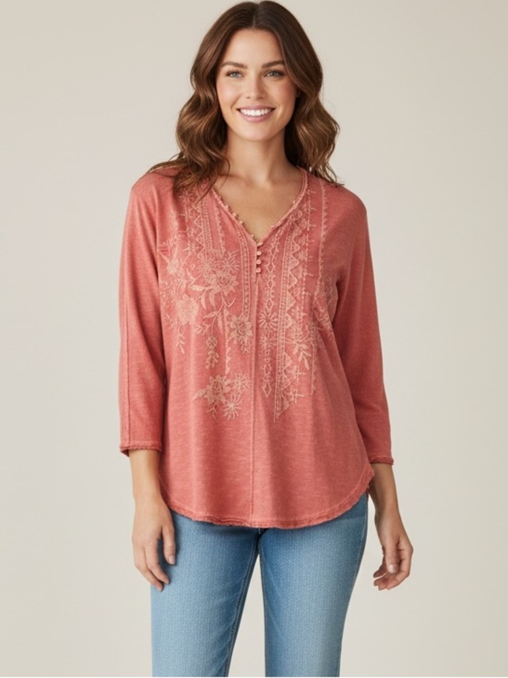 Karyn Seo Boho Embroidered Henley Top Sz S Terracotta Jersey Knit Casual Artisan